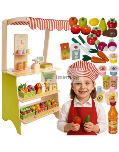 Дървен супермаркет за деца с касов апарат аксесоари и комплект плодове